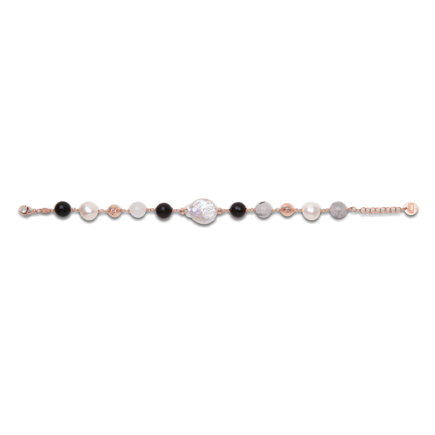 Βραχιόλι Swing από ροζ επιχρυσωμένο ασήμι 925° με μαργαριτάρια μπαρόκ, μαύρο αχάτη και quartz