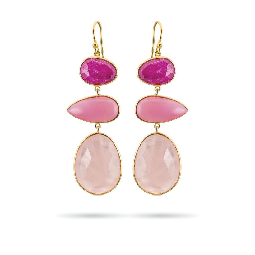 Σκουλαρίκια Iris από επιχρυσωμένο ασήμι 925° με pink quartz, ρίζα ρουμπινιού και οπάλιο