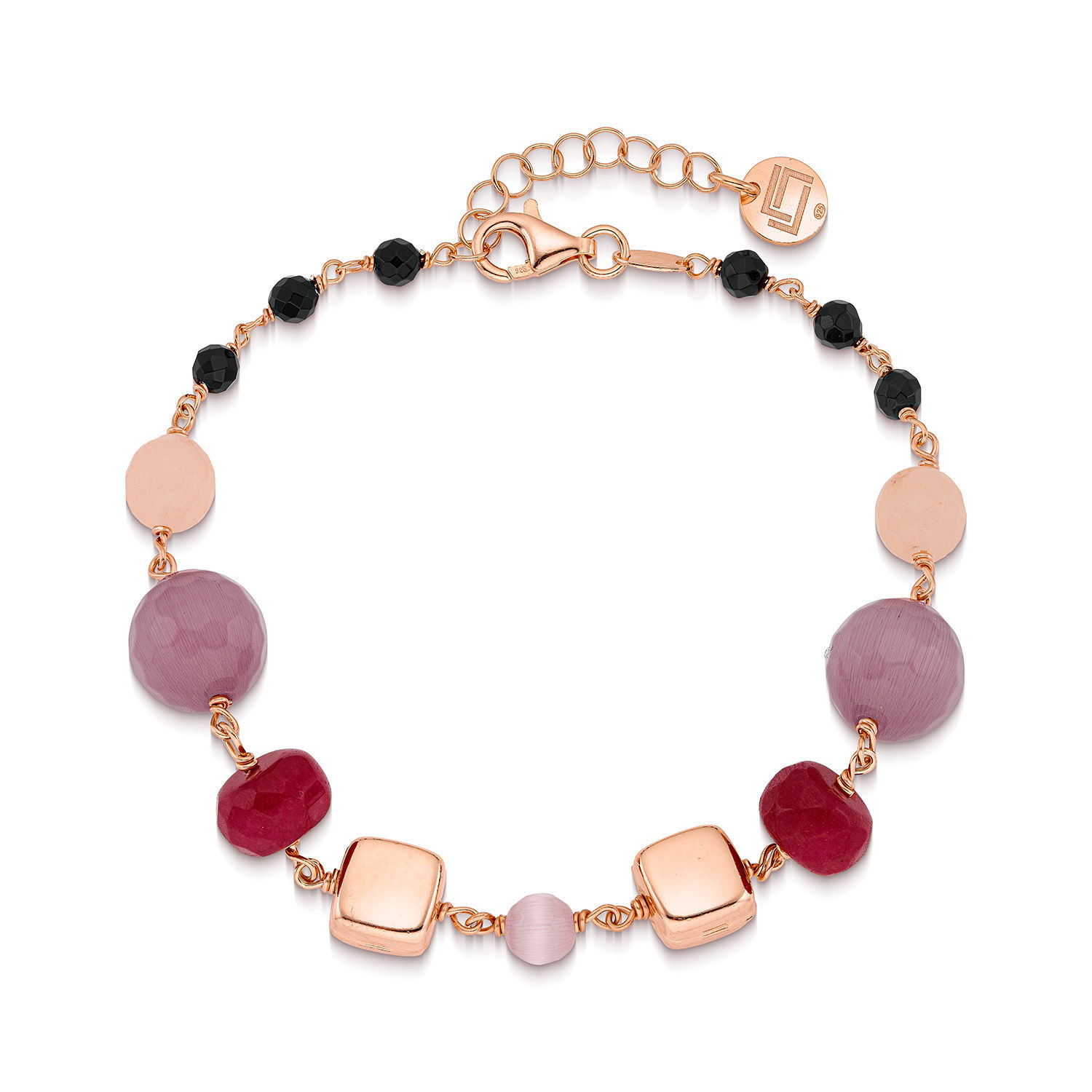 Βραχιόλι Swing από ροζ επιχρυσωμένο ασήμι 925° με ρουμπίνι,quartz,αχάτη και cat's eye stone