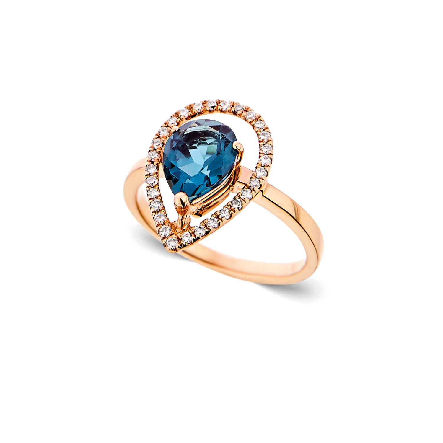 Μονόπετρο δαχτυλίδι από ροζ χρυσό 18K με blue topaz και διαμάντια μπριγιάν