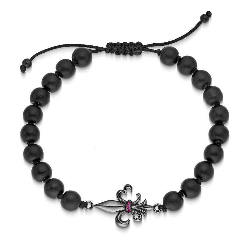 Βραχιόλι unisex Fleur de Lys από μαύρο επιροδιωμένο ασήμι 925° με ζιργκόν και μαύρο όνυχα