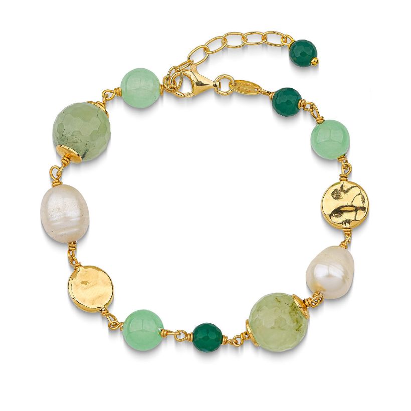 Βραχιόλι Swing από επιχρυσωμένο ασήμι 925° με πράσινο αχάτη, αβεντουρίνη, cat's eye stone και freshwater pearls