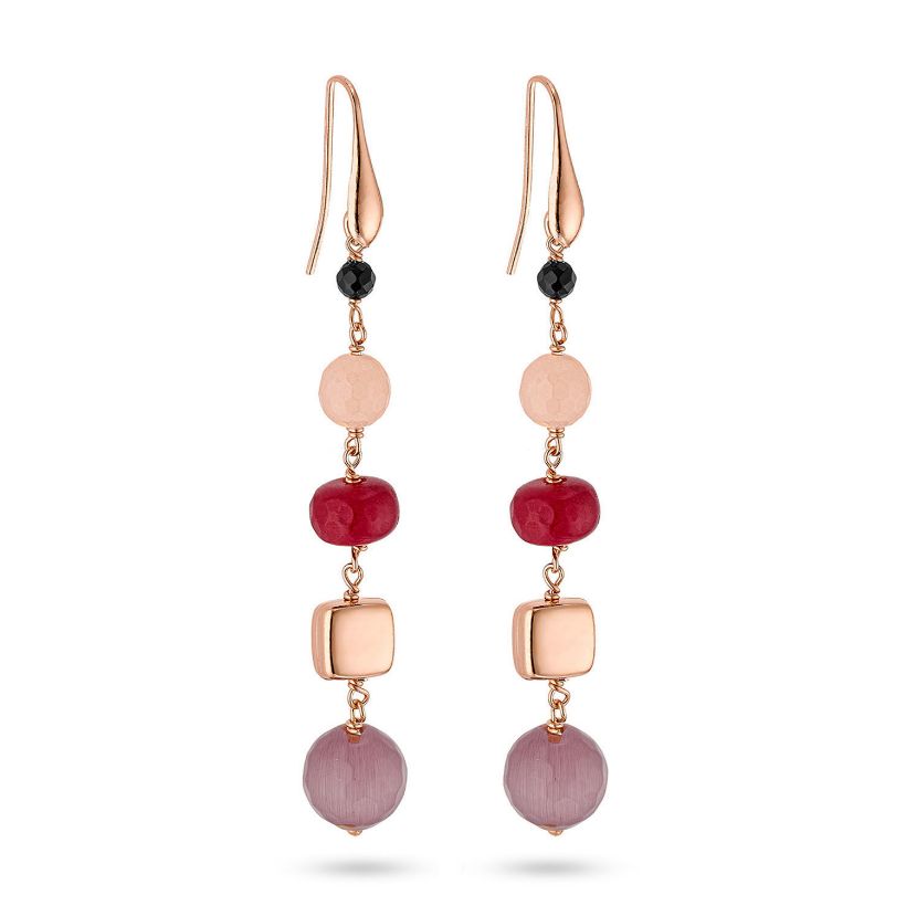 Σκουλαρίκια Swing από ροζ επιχρυσωμένο ασήμι 925° με ρουμπίνι, quartz, αχάτη και cat's eye stone