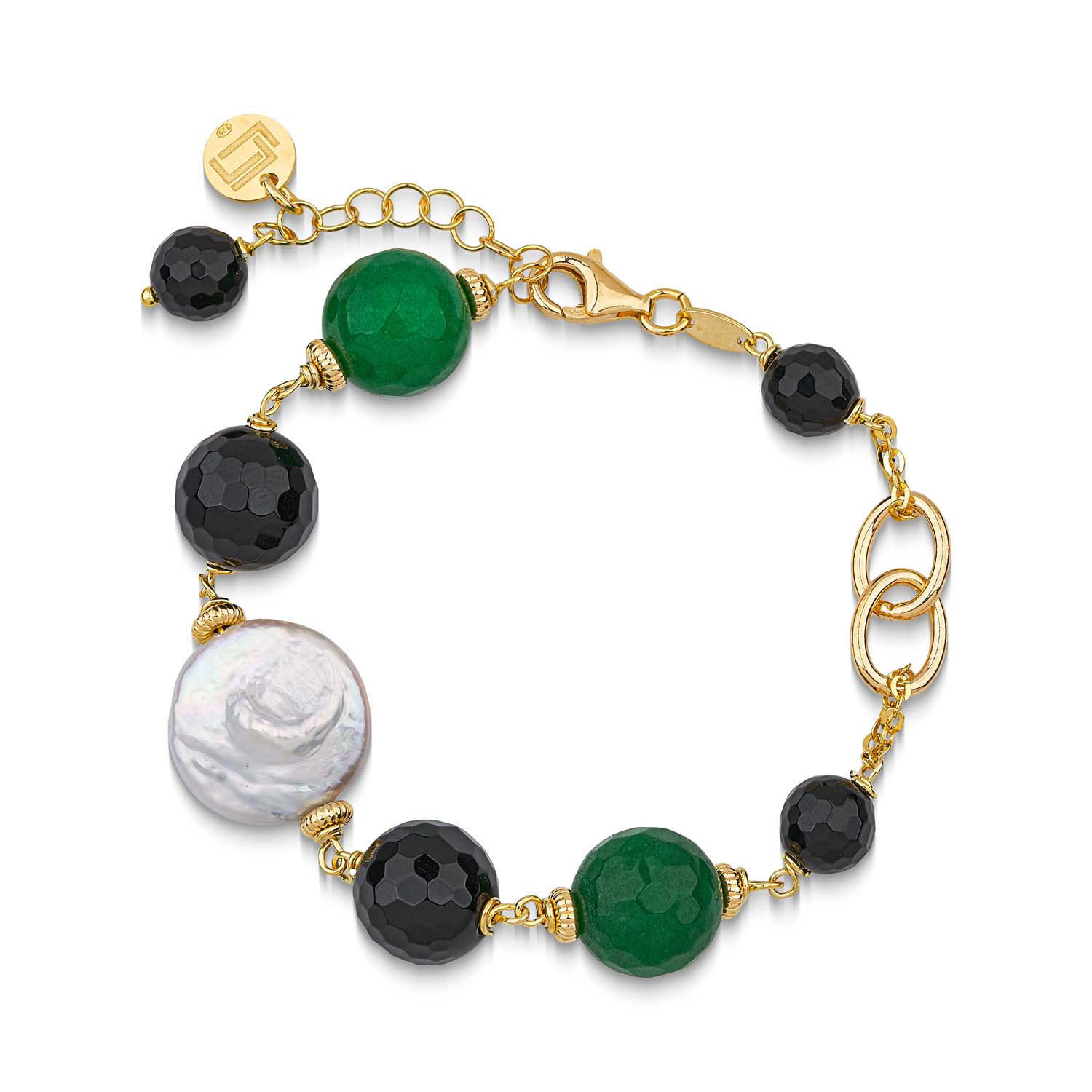 Βραχιόλι Swing από επιχρυσωμένο ασήμι 925° με μαύρο αχάτη, πράσινο αχάτη και μαργαριτάρια μπαρόκ