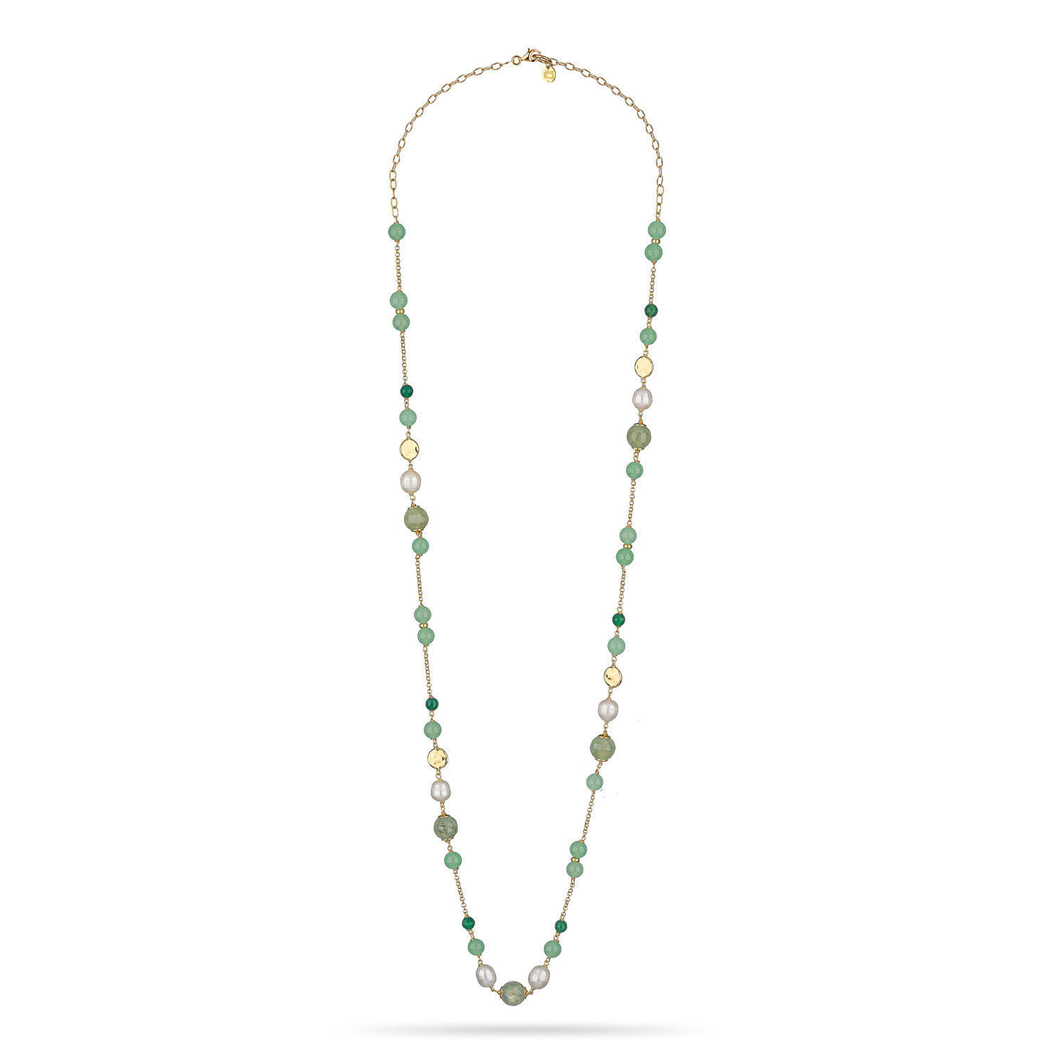 Κολιέ Swing από επιχρυσωμένο ασήμι 925° με πράσινο αχάτη,αβεντουρίνη,cat's eye stone και freshwater pearls
