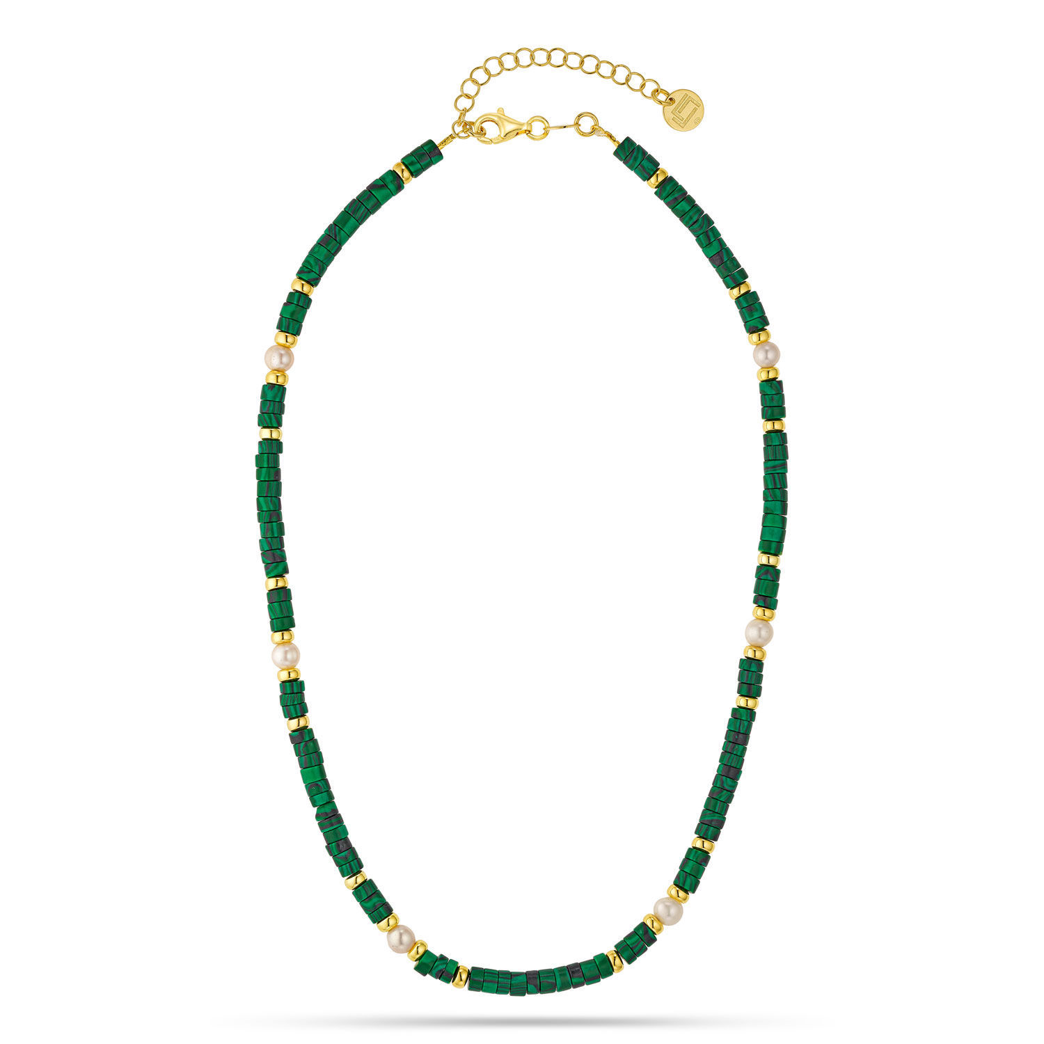 Κολιέ Swing από επιχρυσωμένο ασήμι 925° με freshwater pearls και πράσινο αχάτη