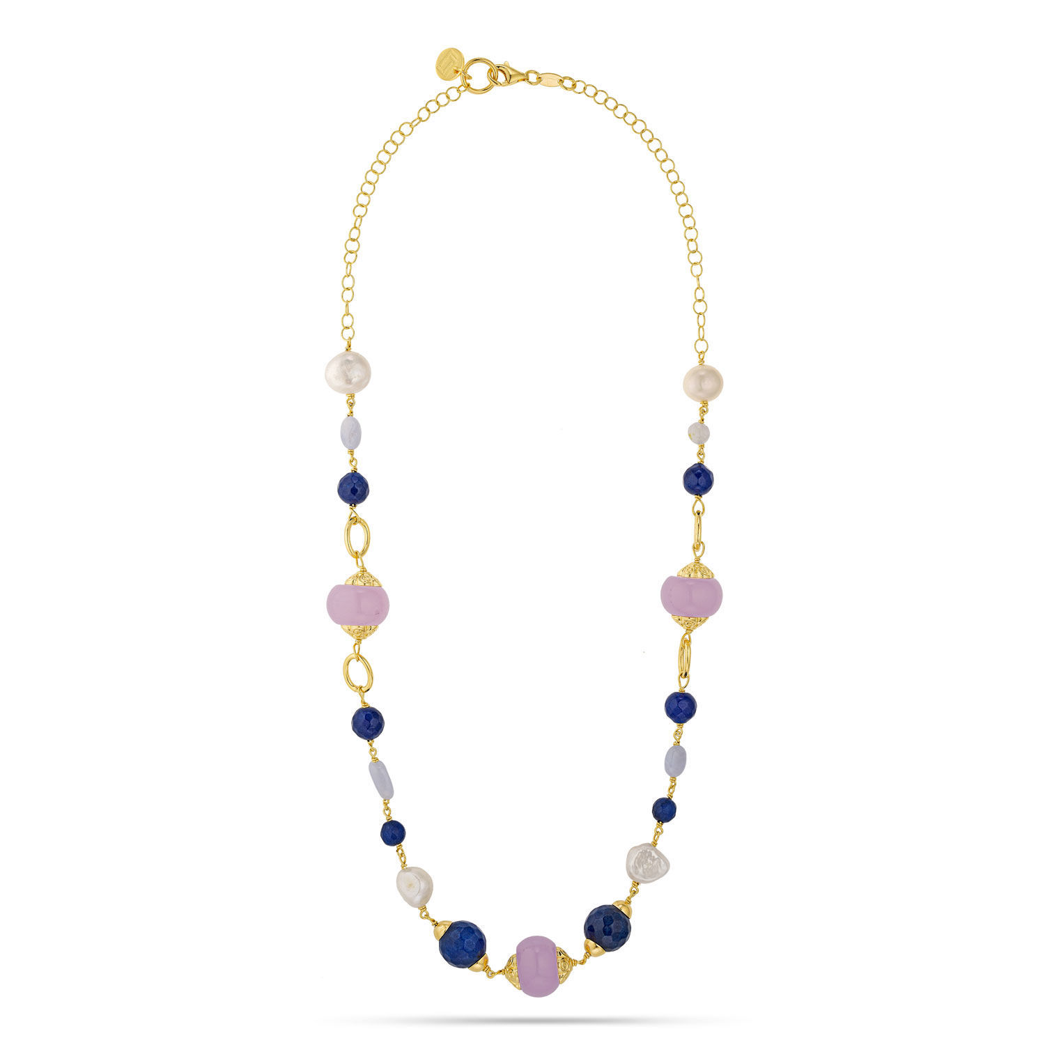 Κολιέ Swing από επιχρυσωμένο ασήμι 925° με freshwater pearls, blue quartz και αμέθυστο