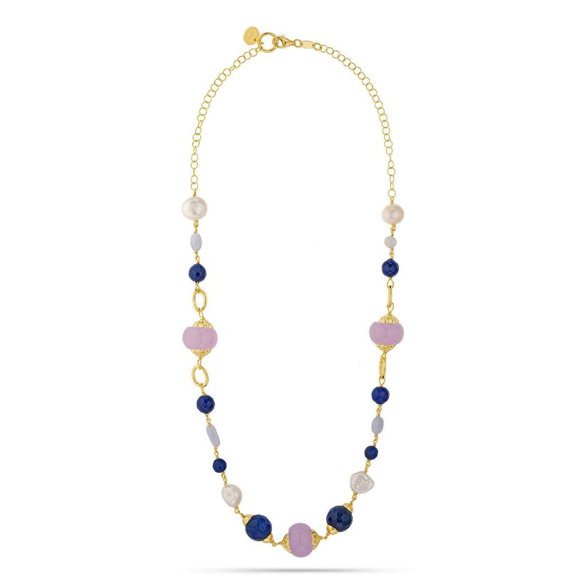 Κολιέ Swing από επιχρυσωμένο ασήμι 925° με freshwater pearls, blue quartz και αμέθυστο