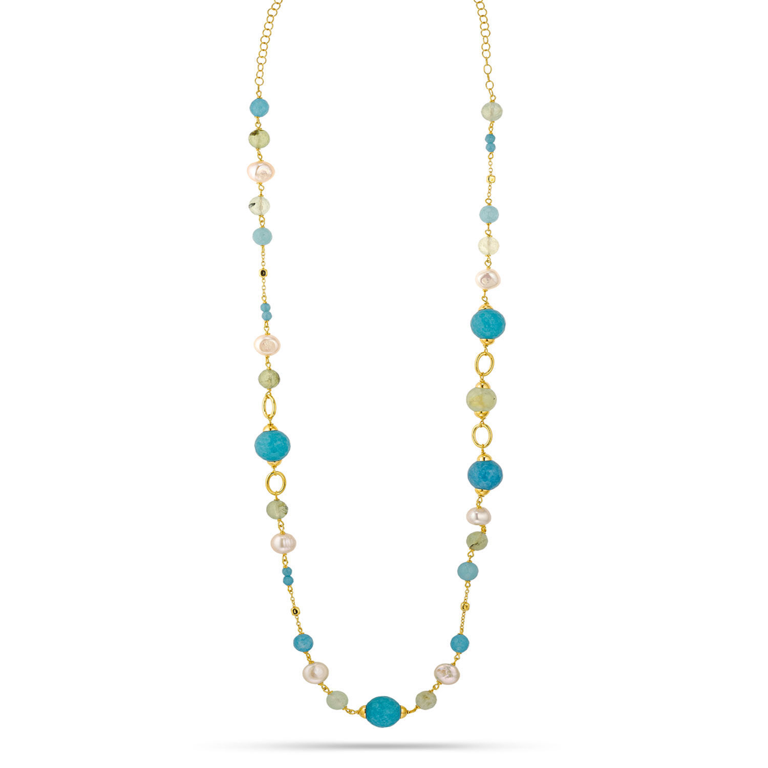 Κολιέ Swing από επιχρυσωμένο ασήμι 925° με freshwater pearls, blue quartz και πρενίτη
