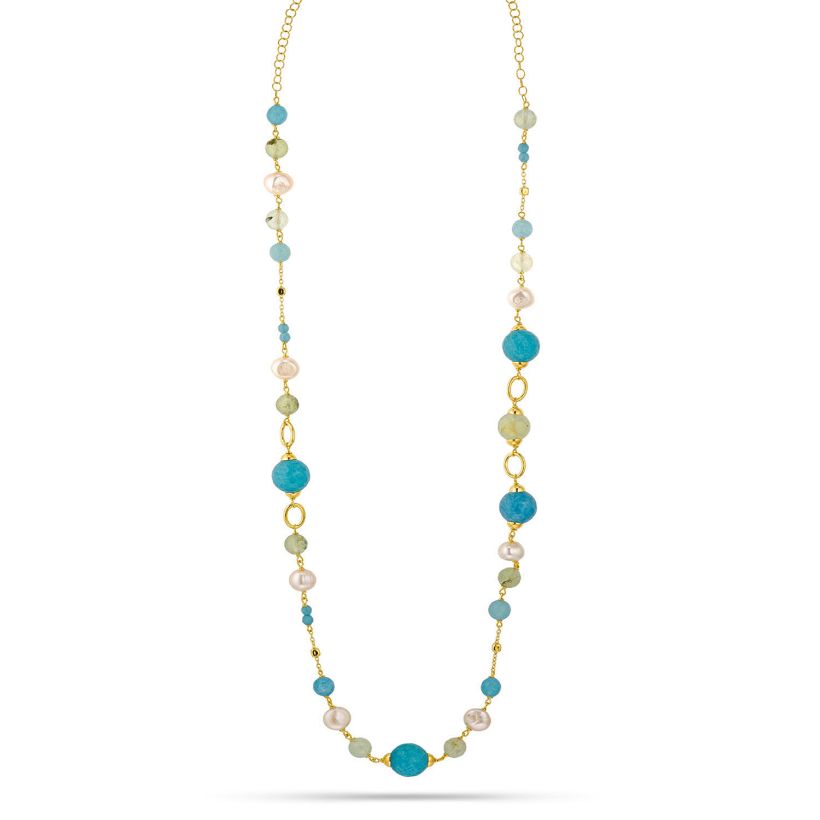 Κολιέ Swing από επιχρυσωμένο ασήμι 925° με freshwater pearls, blue quartz και πρενίτη