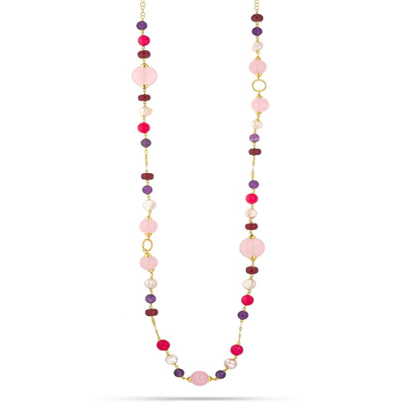 Κολιέ Swing από επιχρυσωμένο ασήμι 925° με freshwater pearls, rose quartz, αμέθυστο και νεφρίτη