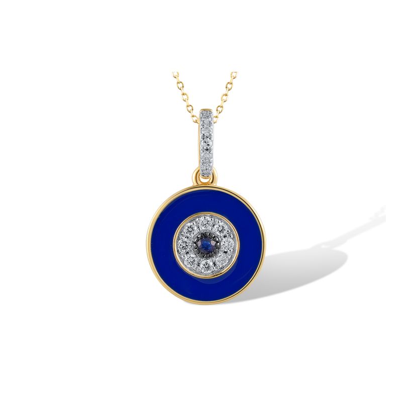 Μενταγιόν ,ματάκι  i Collection από χρυσό 14K με μπλε ζαφείρι, διαμάντια μπριγιάν και μπλε σμάλτο