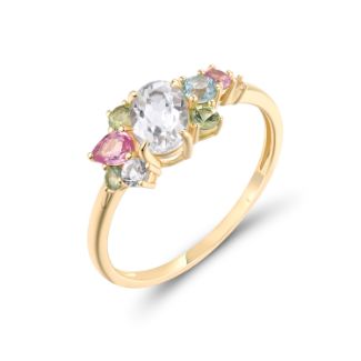 Δαχτυλίδι Secret Garden από χρυσό 14K  με λευκό τοπάζι, πράσινο γρανάτη, μπλε τοπάζι και ροζ ζαφείρι